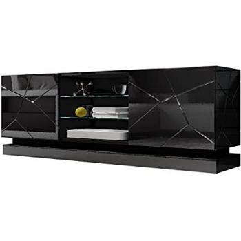 Mueble TV Charlotte 127, Negro Brillante, 160x57x40cm, con 2 Puertas y Sistema de Cierre Amortiguado