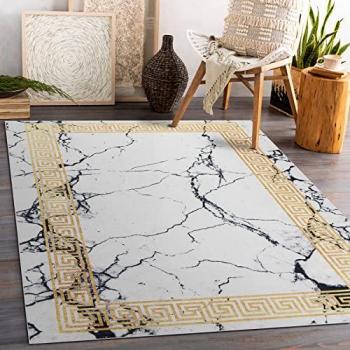 Alfombra Lavable Andre 1126 Antideslizante Mármol Griego - Blanco/Oro 80x150 cm