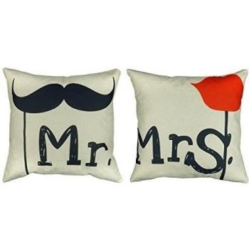 Luxbon 2 Funda Cojin Almohada Pareja Mr & Mrs Bigote Regalo Navidad Decoración para Sofá Cama Coche 18x18 45x45 cm