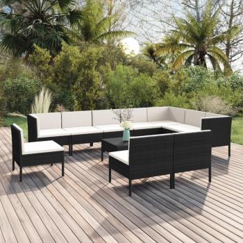 11-Piece Black Poly Rattan Garden Lounge Set with Cushions