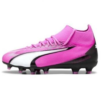 Botas de fútbol Puma Ultra Pro FG/AG infantil rosa, características: diseño en color Poison Pink con detalles en blanco y negro, suela FG/AG para césped natural y artificial, talla 36 EU