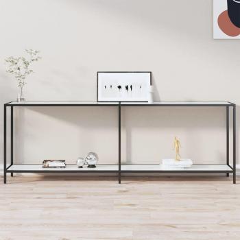 Mesa consola de vidrio templado 220x35x75,5 cm, transparente y negro con mármol blanco, mesa de sofá y entrada para salón, mueble recibidor y mesita auxiliar