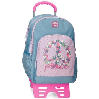 Mochila Escolar Roll Road Peace con Carro, Dos Compartimentos, Color Azul y Rosa, 17x33x44 cm