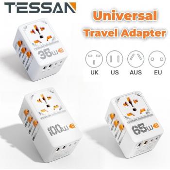 Adaptador de Viaje Universal TESSAN 35W/65W/100W GaN con Cargador USB y Tipo C, 2 USB-A y 3 USB-C para EE. UU., UE, Reino Unido y Australia