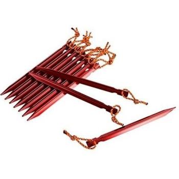 Isport Estacas de Aluminio para Tienda de Campaña, Ultraligeras Clavijias para Tienda de Campaña Estacas con Cuerda Reflectante para Cámping Excursionismo Montañismo - Juego de 10, Tres Prismática, Color Rojo