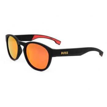 Hugo Boss 1452/S Men's Round Full-Rim Sunglasses - Matte Black with Yellow and Red Mirror Lenses