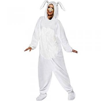 Smiffys-43388L Traje de Conejo, Todo en Uno con Capucha y Nariz, Color Blanco, L-Tamaño 42-44