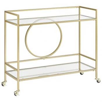 Carrito de Cocina Metal Dorado con Vidrio 75 x 45 cm, Ruedas Glamour, Almacenamiento Abierto, Dos Estantes