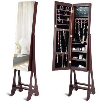 Bevel Edge Mirrored Standing LED Jewelry Cabinet - Brown