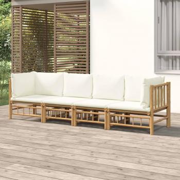 4-Piece Garden Lounge Set with Cream White Cushions and Bamboo Frame