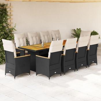 11-Piece Black Poly Rattan Garden Bistro Set with Cushions
