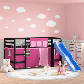 Cama alta para niños con cortinas de pino macizo rosa 90x200 cm