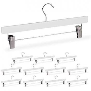 Set de 12 Perchas de Madera para Pantalones, Clips Ajustables con Goma Antideslizante, Gancho Giratorio 360°, Ancho 35.5 cm, Color Blanco - Relaxdays