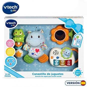 VTech - Canastilla de juguetes, estuche de regalo para bebé recién nacido que incluye peluche mordedor, sonajero, piano interactivo y espejo de seguridad