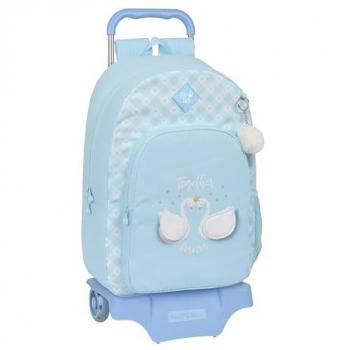 Mochila Escolar con Ruedas Glow Lab Cisnes Azul 30 x 46 x 14 cm, tamaño 32x13.5x44 cm, ideal para niños de diferentes edades, cómoda y versátil, calidad y resistencia