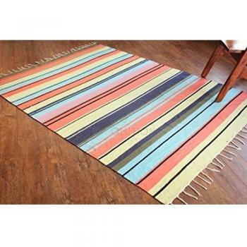 Alfombra de tejido reversible tejido 100% algodón orgánico con tintes vegetales. Estampado a rayas multicolor. Tapete. Medidas: 150x210cm
