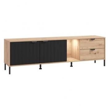 Mueble de TV MEVIELA con 2 puertas, 2 cajones, 1 estante y LEDs - Natural y negro