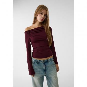 Burgundy Long Sleeve Gathered T-Shirt Size L