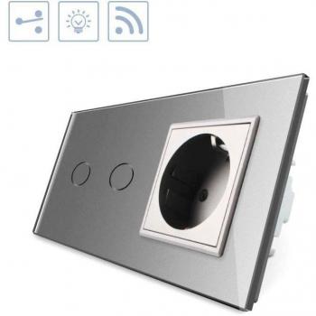 Conmutador táctil 2 botones + 1 enchufe frontal gris + remoto LEDBOX