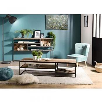 Mesa de centro rectangular de teca reciclada, acacia y caoba con estantes y metal negro 150 cm