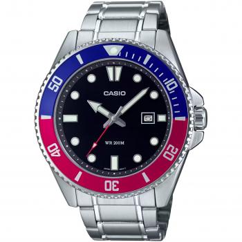 Reloj de pulsera CASIO Collection MDV-107D-1A3, correa color gris plata, dial negro, para hombre, acero inoxidable, deportivo, resistente hasta 200m