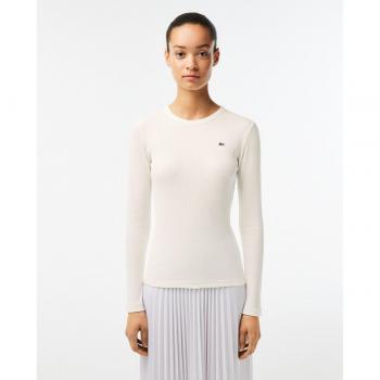Camiseta Lacoste de mujer manga larga acanalada de algodón Slim Fit blanca - Talla 34