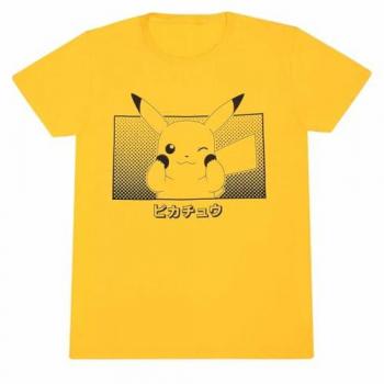Camiseta Unisex de Manga Corta Pokémon Pikachu Katakana Amarillo XXL