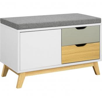 SoBuy FSR92-W Banco Zapatero con 2 cajones y 1 puerta, madera blanca, dimensiones L80xP38xH51cm, banco de almacenamiento para guardar y ordenar
