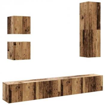 Conjunto de mueble para TV montado en la pared, 5 piezas, madera envejecida y madera compuesta