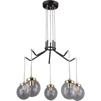 Lámpara colgante industrial y retro Domenico Negro mate con detalles dorados, 5 luces E14 y pantalla transparente