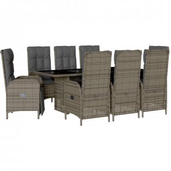 9-Piece Grey Poly Rattan Garden Dining Set with Cushions
