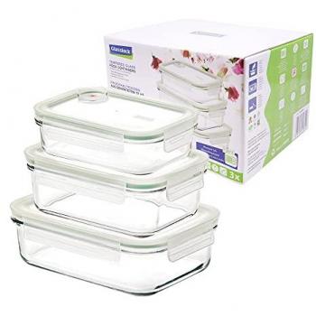 Set de 3 Recipientes Herméticos Rectangulares en Vidrio Templado con Válvula y Cierre de Clip, Apto para Microondas, Lavavajillas y Congelador, Sin BPA