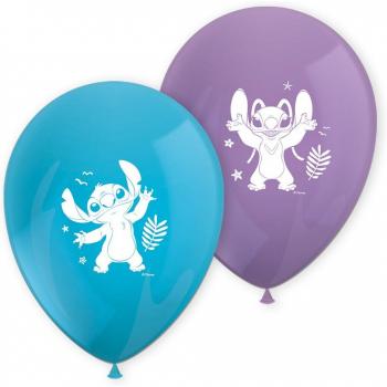 Globos de látex de 27,5 cm con diseño de Stitch y Ángel Disney - paquete de 8 unidades; Mantel plástico oficial de Stitch y Ángel - medidas 120 x 180 cm