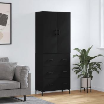 Aparador Alto Negro 69,5x34x180 cm de Madera Contrachapada con 3 Cajones y Puertas - Mueble de Almacenaje Moderno para Salón