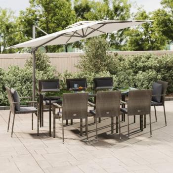 9-Piece Black and Gray Poly Rattan Garden Dining Set with Cushions