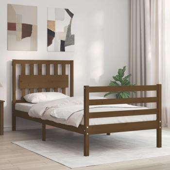 Estructura de cama con cabecero de madera maciza en color marrón miel, dimensiones 90x200 cm