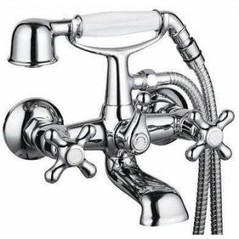 Clever Grifo de baño ducha bimando mural, 2 salidas de agua, incluye teléfono, flexo y soporte a pared