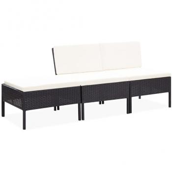 Set de muebles de jardín 3 pzas con cojines de ratán sintético negro