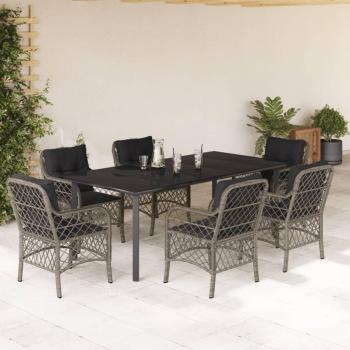 7-Piece Grey Poly Rattan Garden Dining Set with Cushions