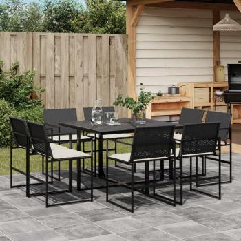 Set de comedor de jardín 9 piezas con cojines en ratán sintético negro