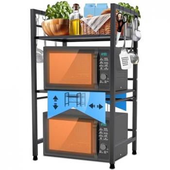 Estante para microondas Marana ajustable en ancho, 3 niveles, con 8 ganchos y base antideslizante, color negro