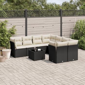 9-Piece Black Poly Rattan Garden Sofa Set with Cushions