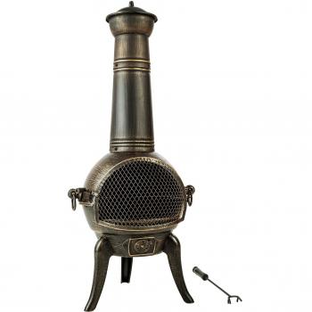 Estufa de leña de hierro fundido para exterior Tectake, 44 x 52 x 115 cm, chimenea con puerta anti-chispas, parrilla extraíble, tapa para tiro, incluye atizador, ideal para terraza