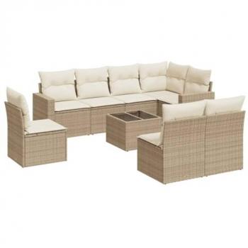 Set de Sofás de Jardín 9 Piezas con Cojines Ratán Sintético Beige