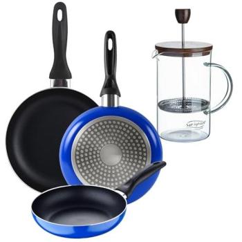 Set 3 Sartenes San Ignacio (16+20+24cm) Aluminio Prensado Ind Azul + Delantal de Cocina Gris Oscuro 100% Algodón 75x80cm