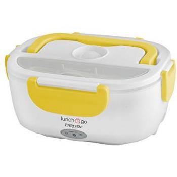 BEPER Lunch & Go Calentador de Comida eléctrico portátil, 2 contenedores extraíbles, Plancha calefactora de Acero, Cubiertos de plástico incluidos, 220 V, 40 W, Amarillo