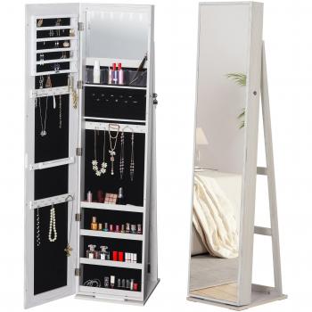 HOMCOM Espejo Joyero de Pie con 6 Luces LED Armario para Joyas con Cerradura Estantes y Ranuras para Anillos 38x38x157 cm Blanco