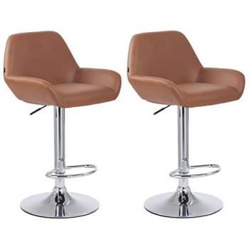 Set de 2 Taburetes de Bar Braga en Cuero PU Marrón Claro con Estructura Cromada y Altura Ajustable