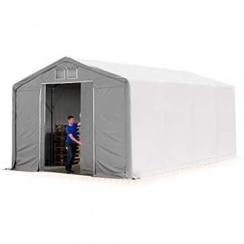 Carpa almacén Toolport 5x8 m, carpa industrial con altura lateral de 3 m, fabricada en PVC 850 N, 100% impermeable, color gris y equipada con puerta corrediza