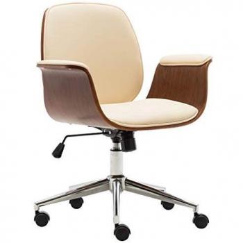 Adjustable Height Cream Office Chair with Wheels and Curved Wood Design